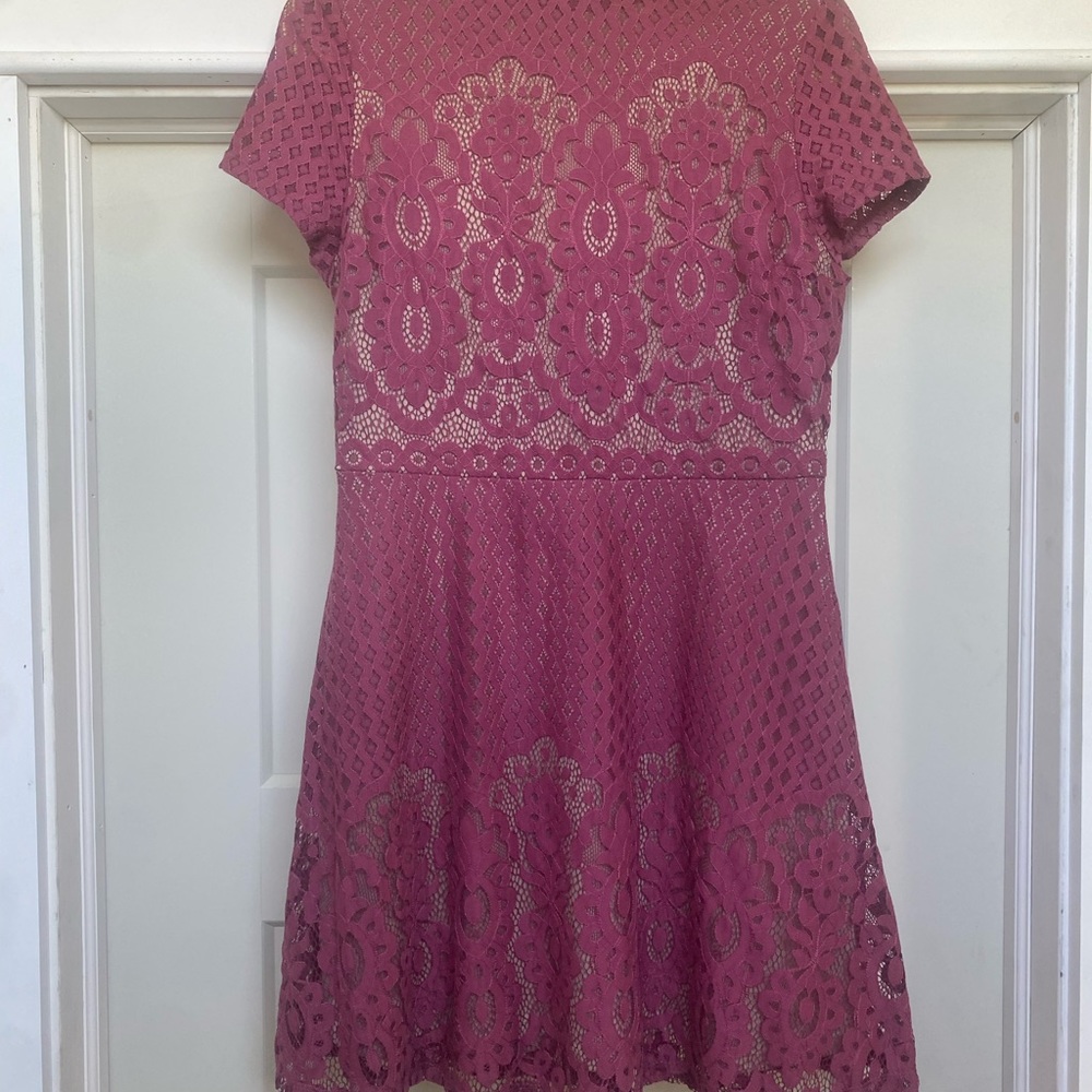 Love Fire Dress. High neck with burgundy lace and nude dress.